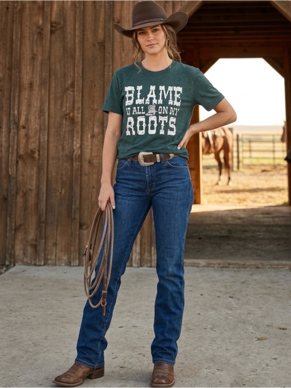 “Blame It All On My Roots” Graphic Country Novelty Tee T-Shirt Heather Teal S/M